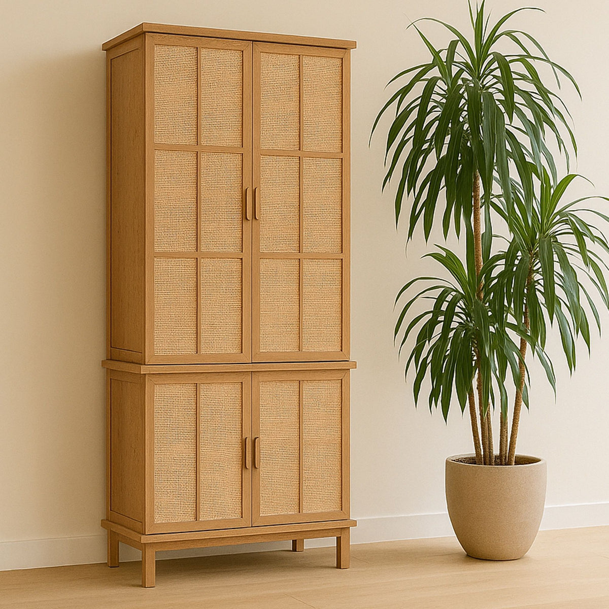 Natural tall cabinet with mesh-pane doors, two sections, and wooden legs