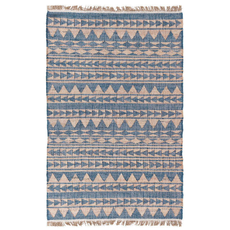 Blue and natural distressed flatweave rug with fringe trim and stacked diamond and zigzag bands.
