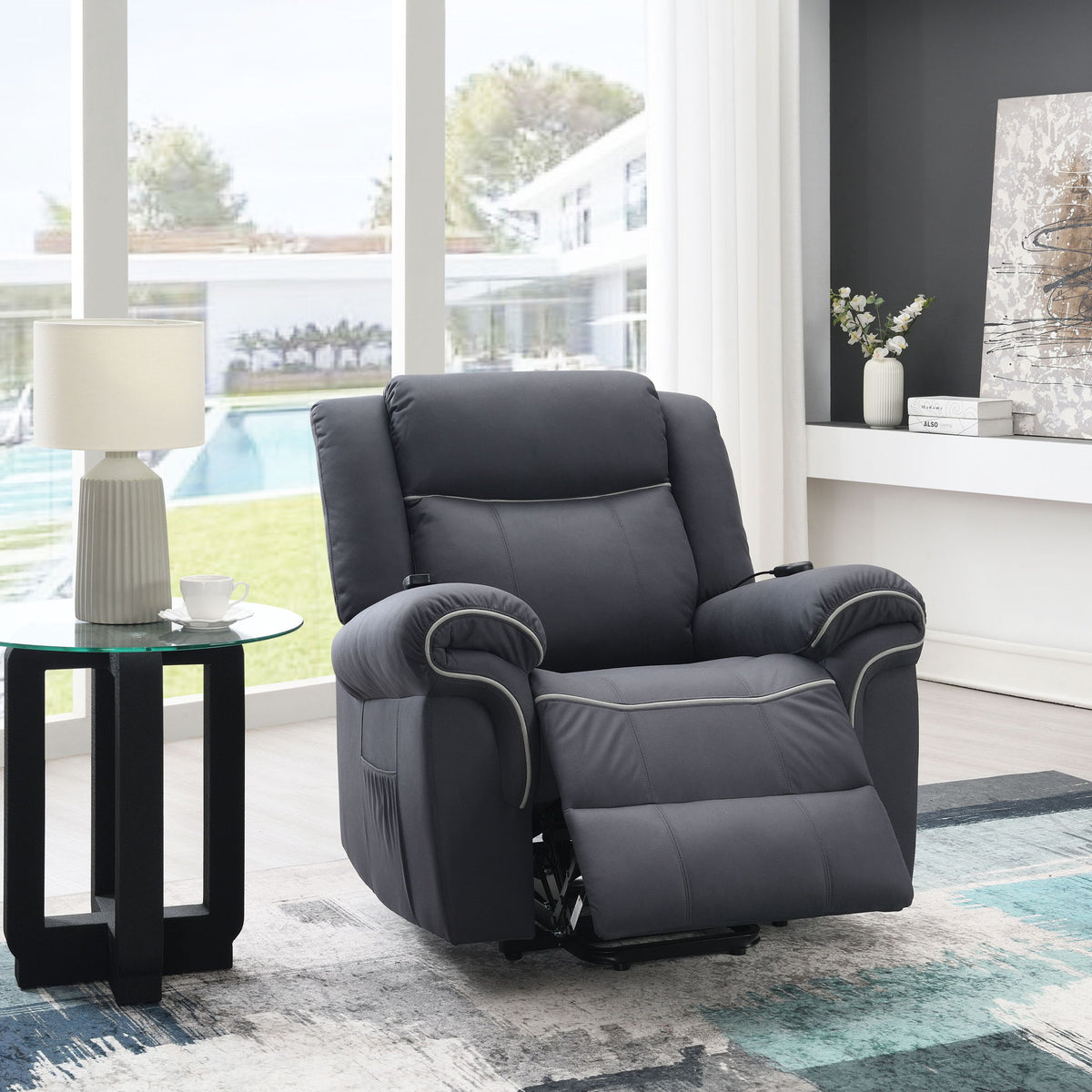 Domana - Polished Microfiber Power Nirion Recliner With Lift Heating Massage Chair - Dark Blue