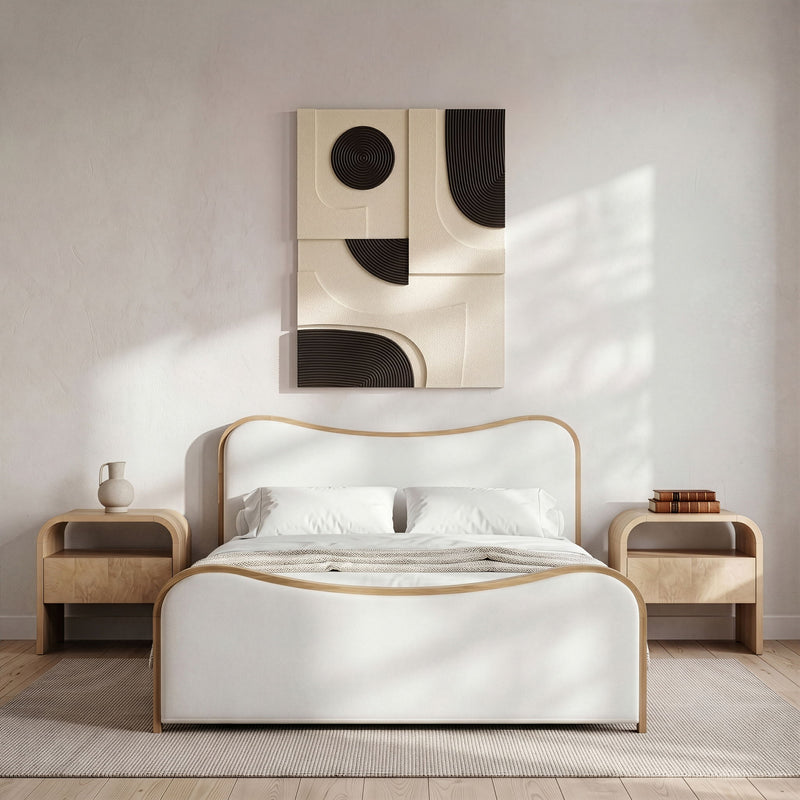 Mango wood wall decor panel with black spiral disc and curved arc inlays, wall-mounted