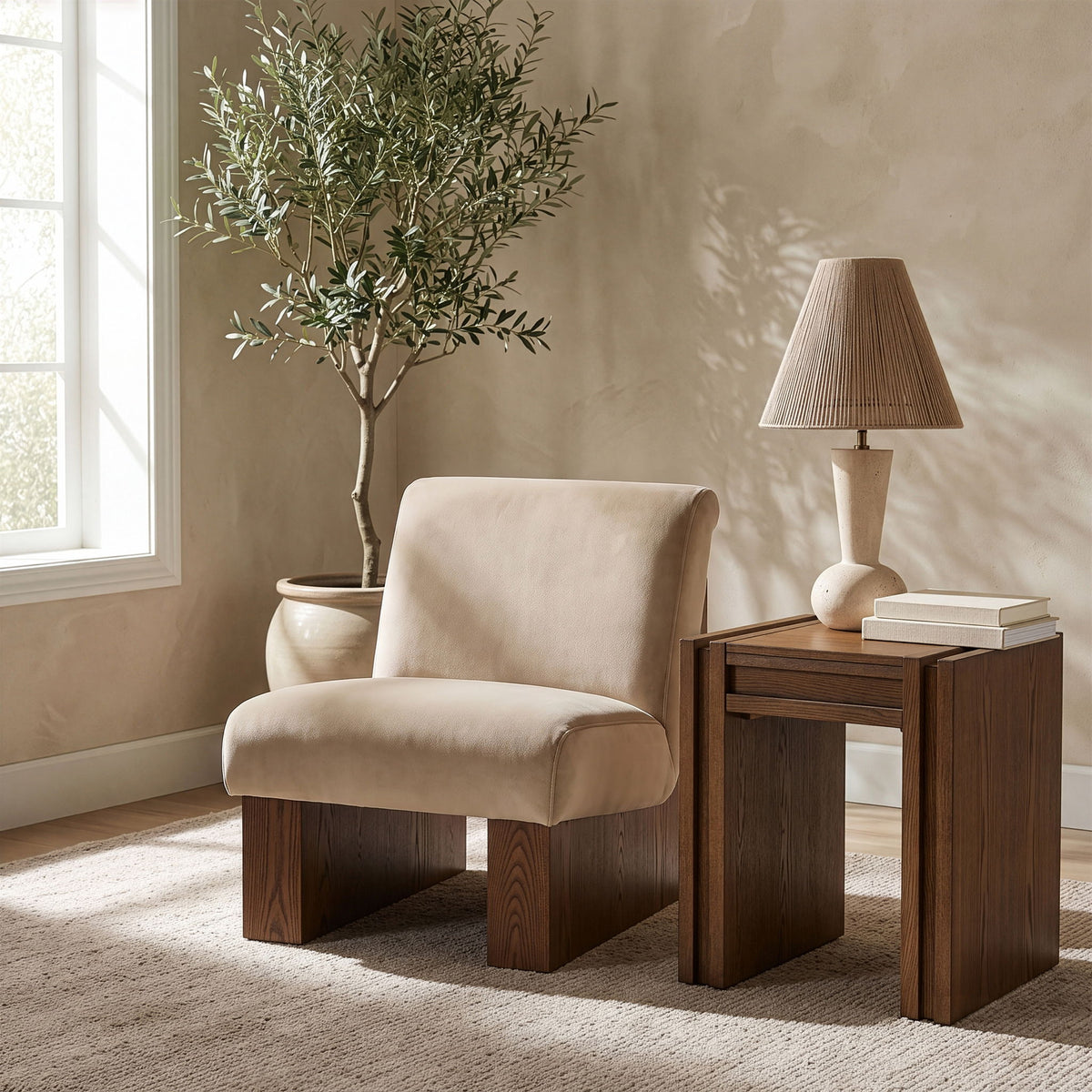 Vantage velvet performance accent chair, beige upholstery with dark wood base and arms