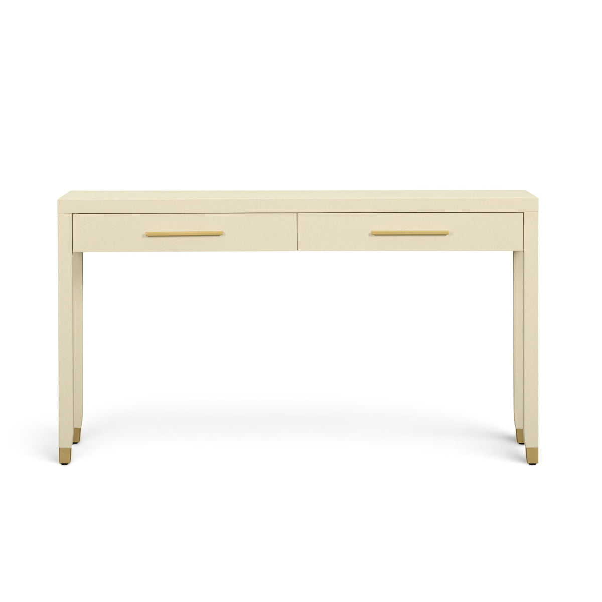 Cream 2-drawer console table with gold bar pulls and tapered legs