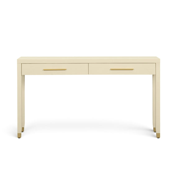 Cream 2-drawer console table with gold bar pulls and tapered legs