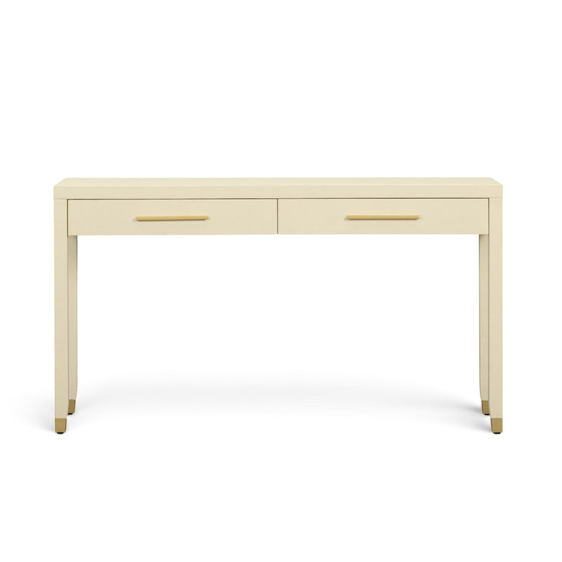 Cream 2-drawer console table with gold bar pulls and tapered legs