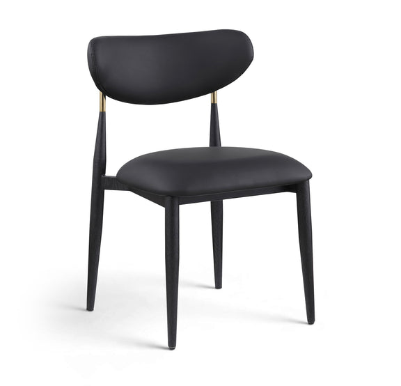 Black vegan leather dining side chair with padded seat and rounded back, black legs