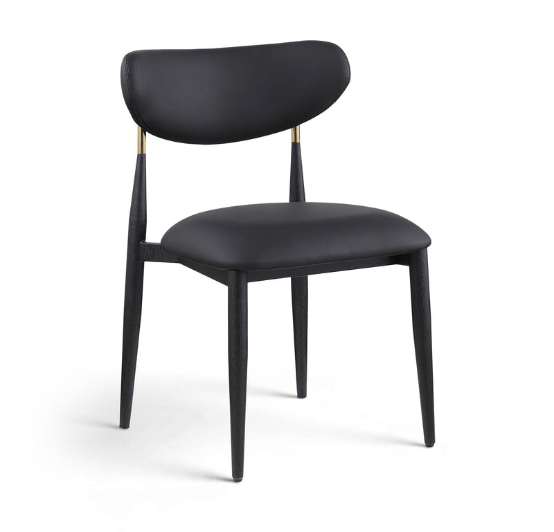 Black vegan leather dining side chair with padded seat and rounded back, black legs