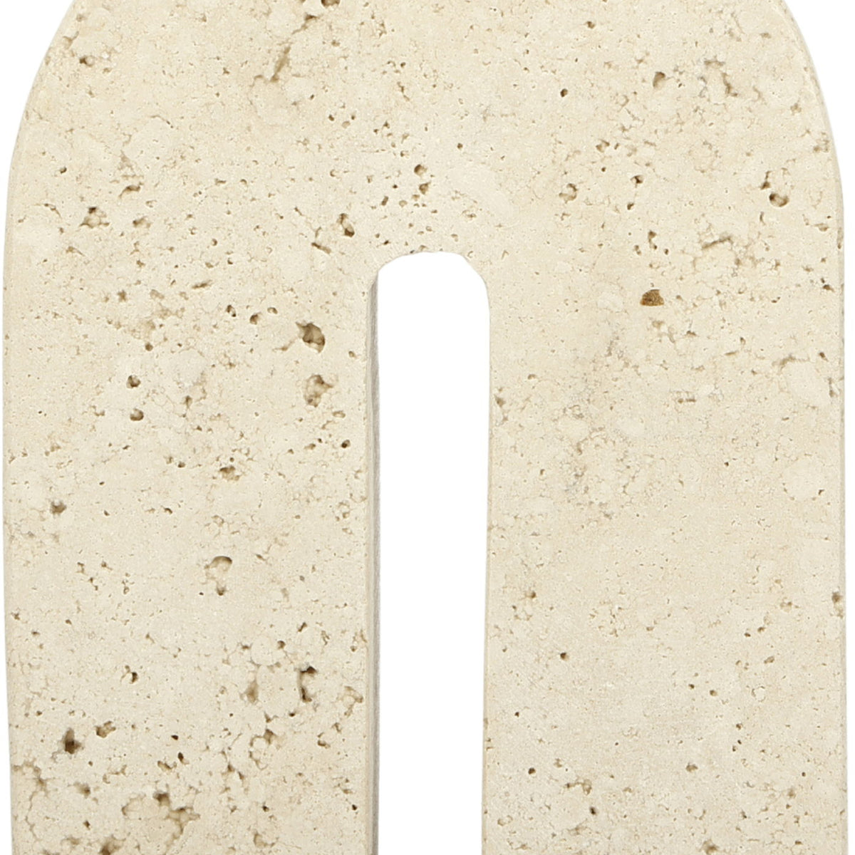 Beige travertine bookend with centered vertical slot, rounded arch front