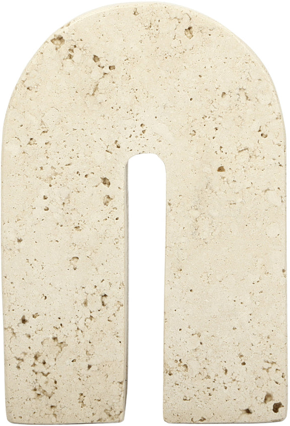 Beige travertine bookend with centered vertical slot, rounded arch front
