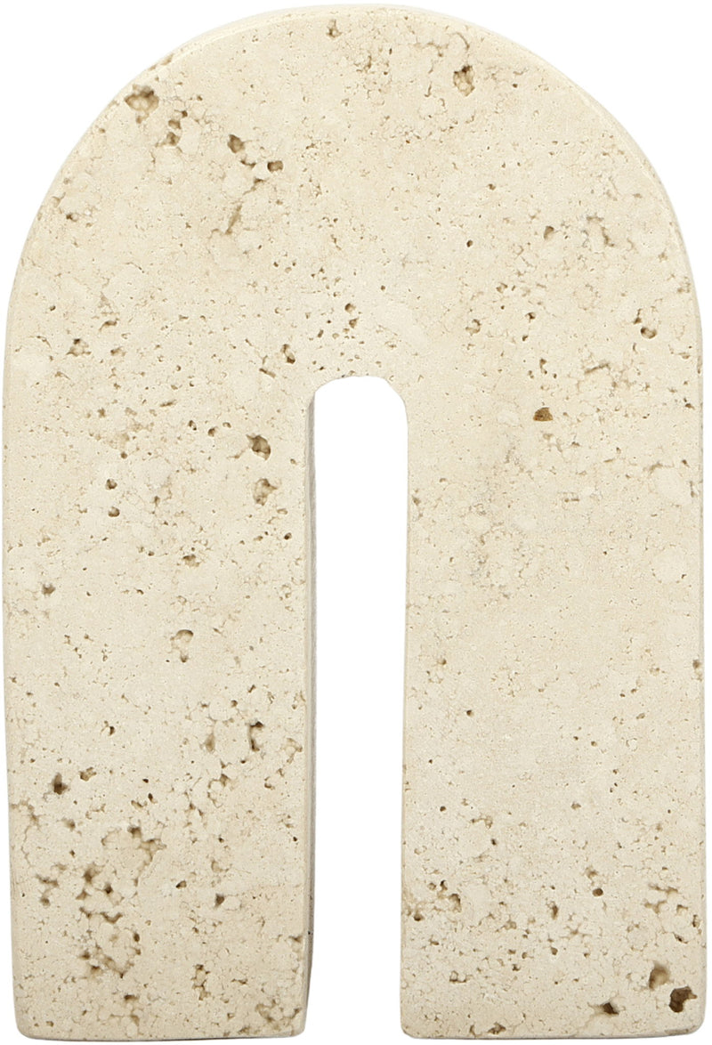 Beige travertine bookend with centered vertical slot, rounded arch front
