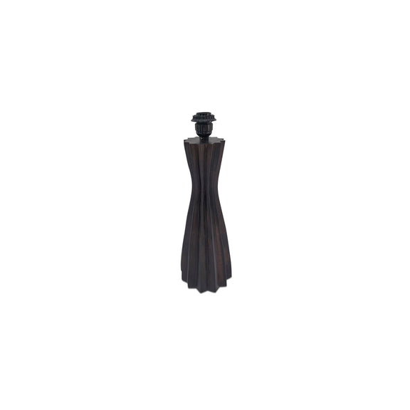 Table lamp with sculpted dark brown wood base and dark finial top