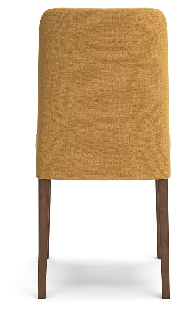 Yellow upholstered dining side chair with tall back and wooden legs