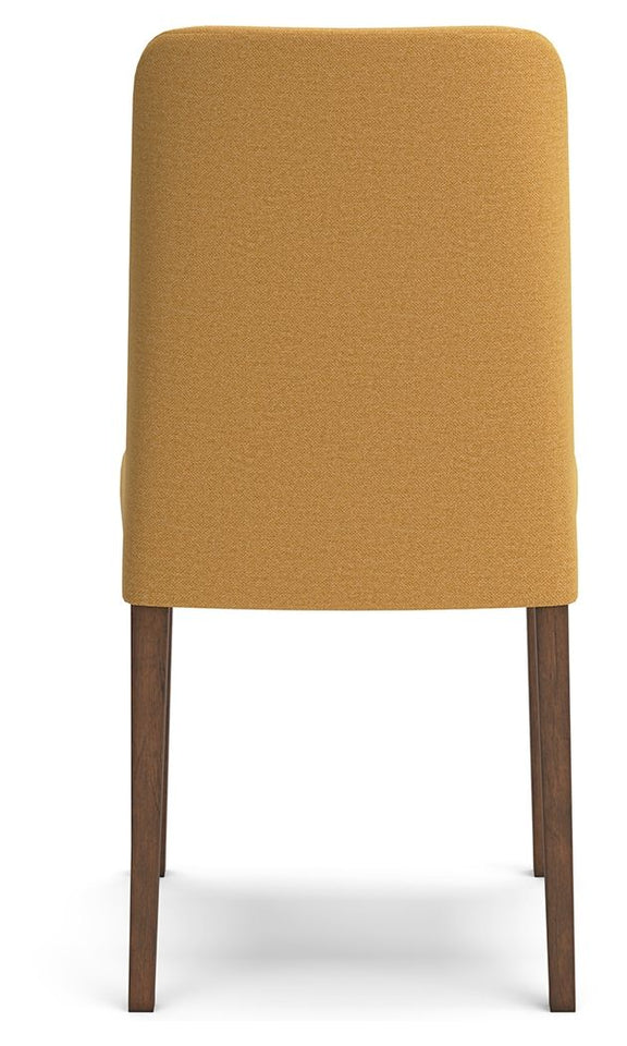 Yellow upholstered dining side chair with tall back and wooden legs