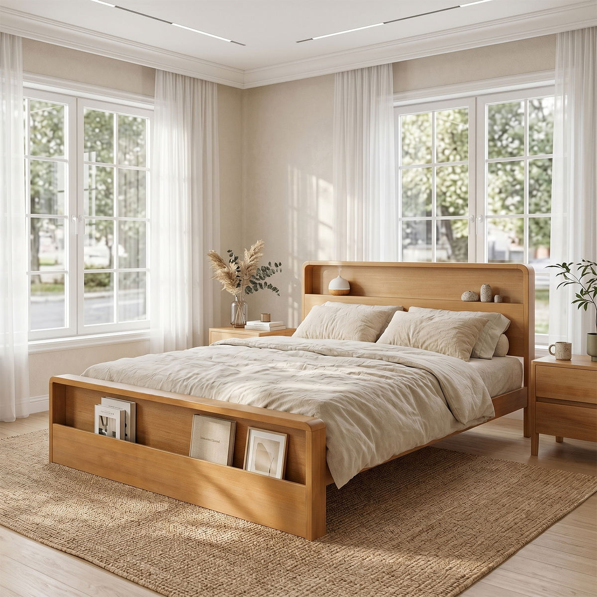 Light brown platform bed frame with headboard shelf and side storage compartments