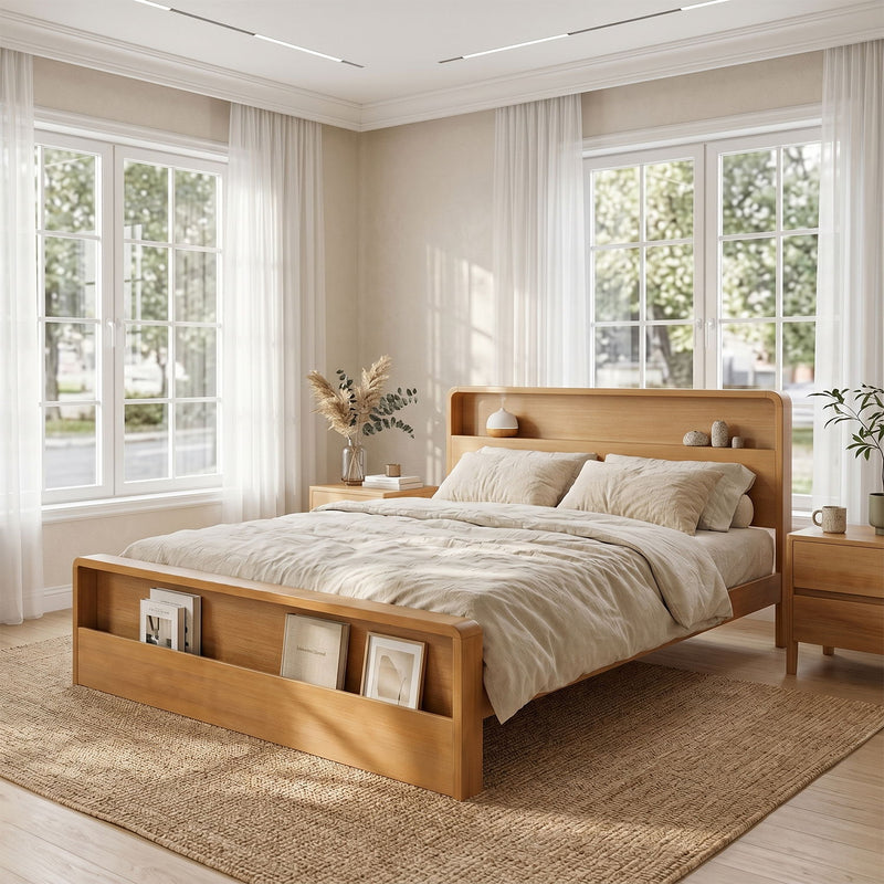 Light brown platform bed frame with headboard shelf and side storage compartments