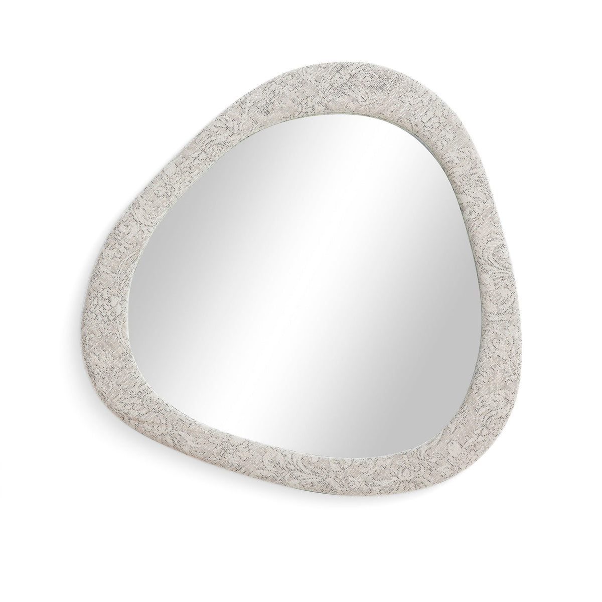 Rounded triangular wall mirror with textured pearl silver border and mirror glass