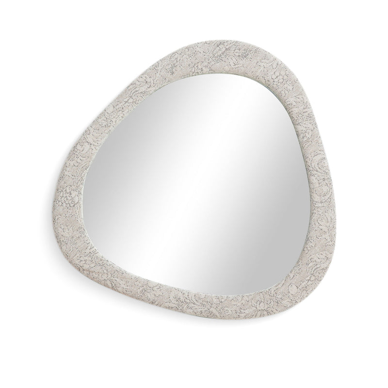 Rounded triangular wall mirror with textured pearl silver border and mirror glass