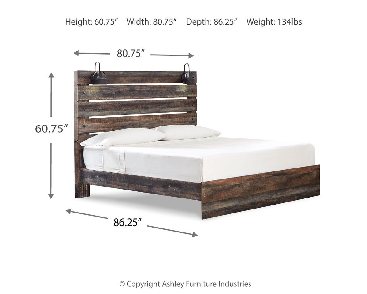 Panel bed with dark wood slat headboard and side storage drawers on the base