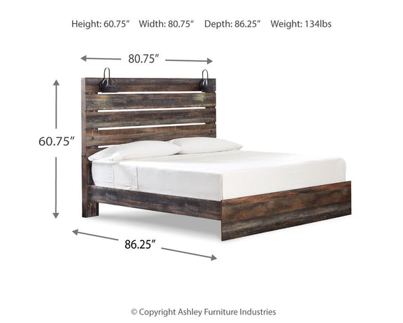 Panel bed with dark wood slat headboard and side storage drawers on the base