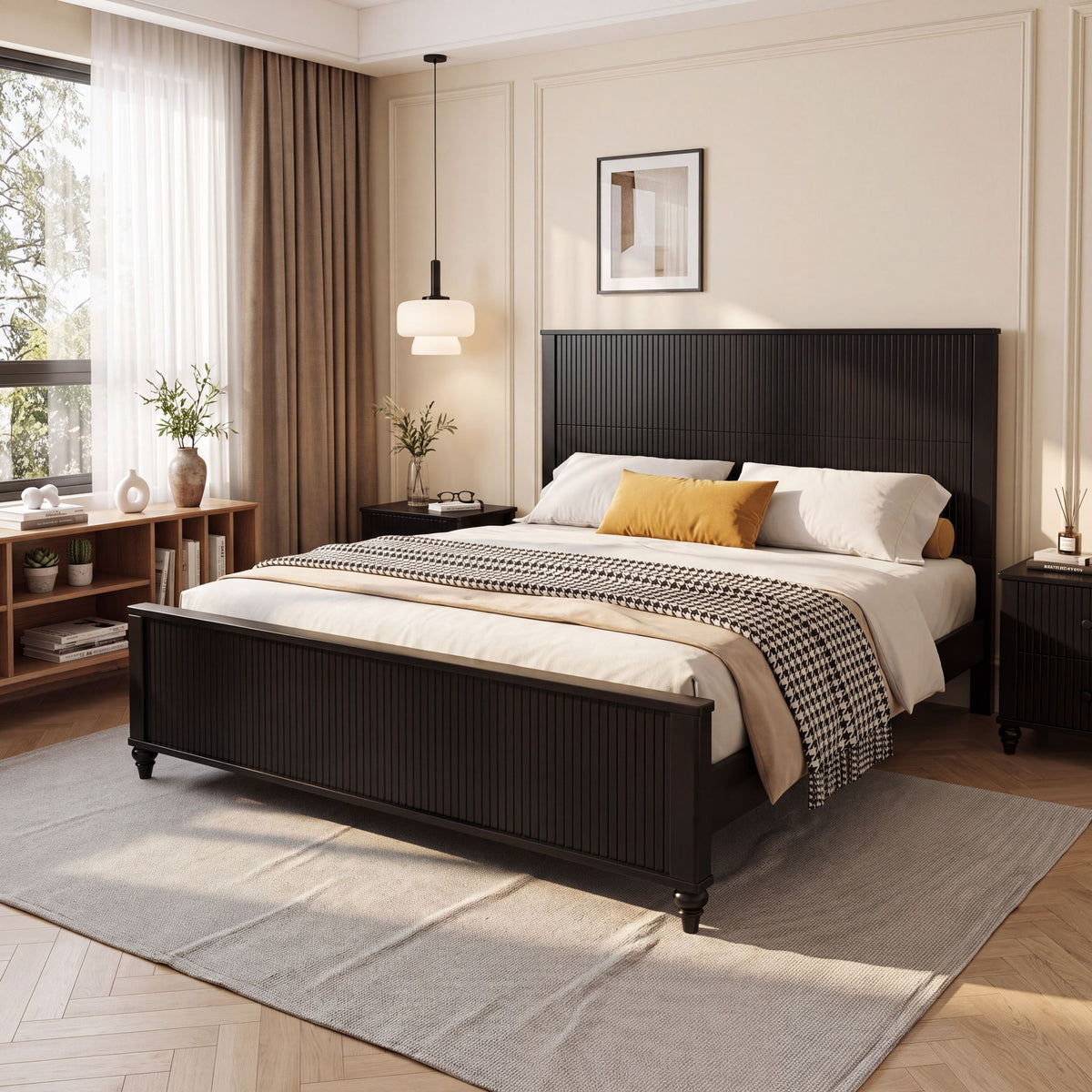 Black fluted platform bed frame with tall headboard and bun feet
