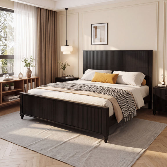 Black fluted platform bed frame with tall headboard and bun feet