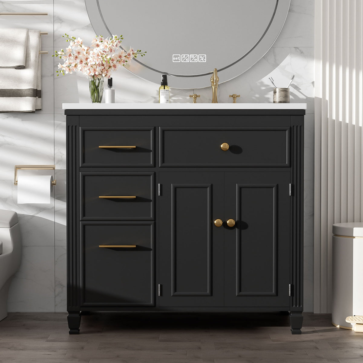 Black bathroom vanity with sink, 3 drawers, double doors, gold knobs and bar pulls