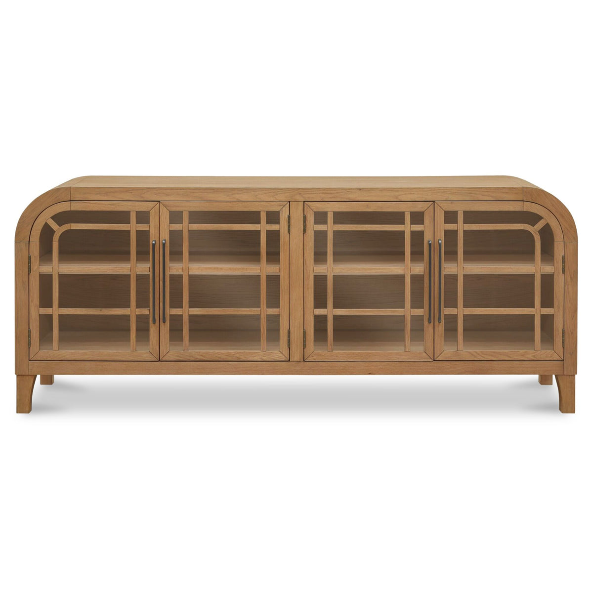 Natural wood sideboard with arched top and four glass-paneled cabinet doors.