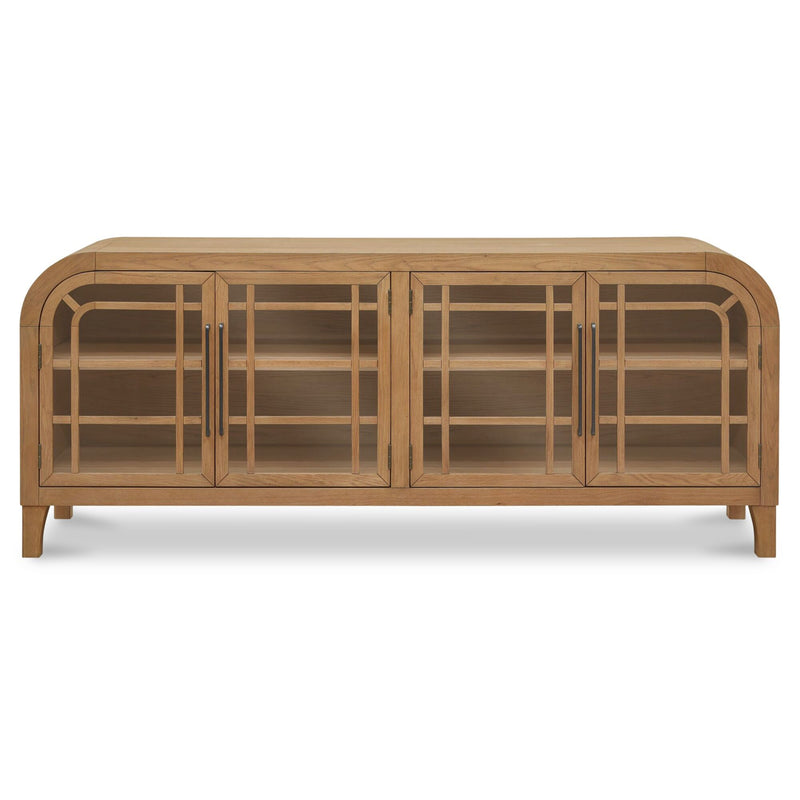 Natural wood sideboard with arched top and four glass-paneled cabinet doors.