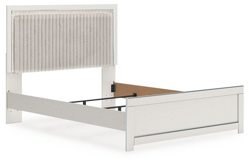 Upholstered panel bed with white frame, light gray upholstered headboard, and side drawers.