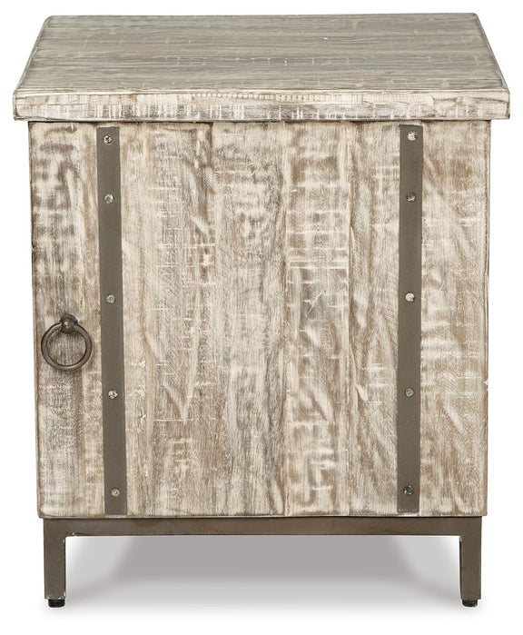 Whitewashed accent cabinet with two front panels and ring pull on metal straps