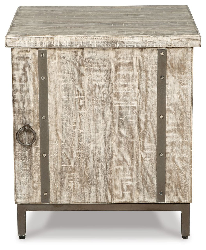 Whitewashed accent cabinet with two front panels and ring pull on metal straps