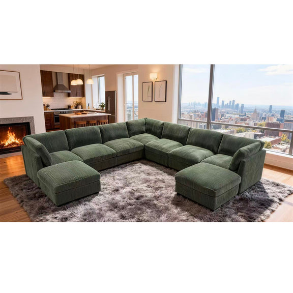 Dark green modular sectional sofa with two ottomans, corner chaise arrangement