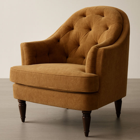 Ginger upholstered accent chair with tufted back, wide seat, and dark turned legs