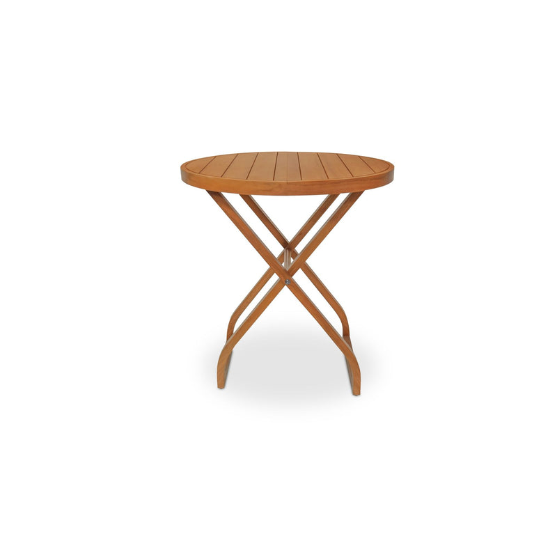 Outdoor bistro table, round natural wood top with X-frame metal legs