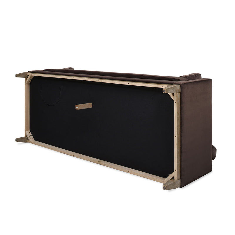 Modern farmhouse sofa underside with wood frame and upholstered base panel.