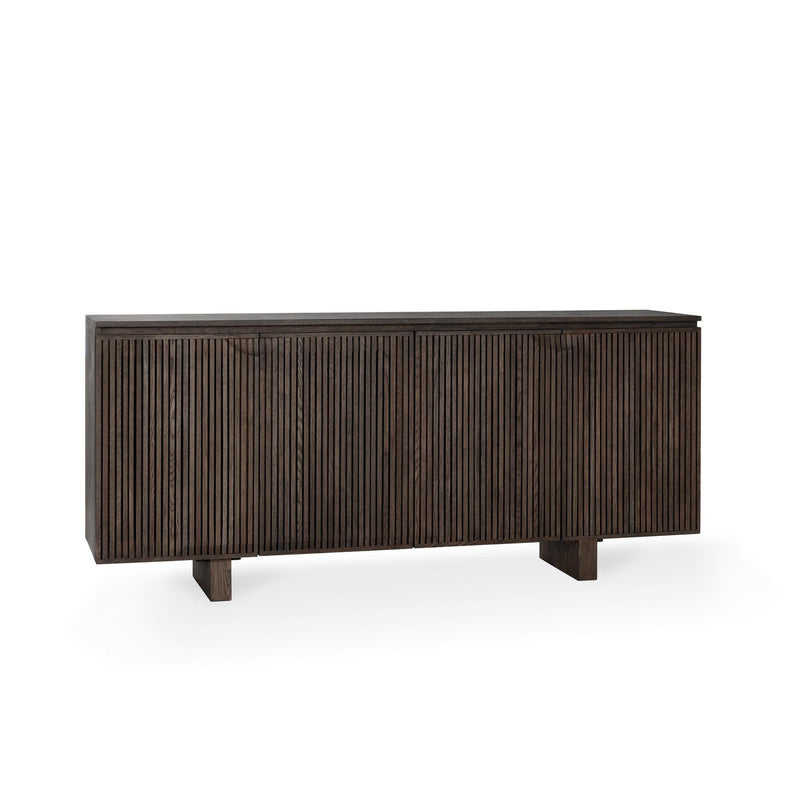 Roya cabinet with toasted brown vertical slat door fronts and sturdy corner legs