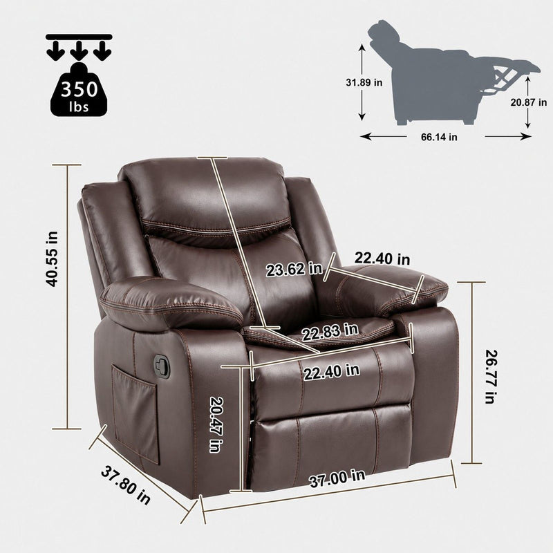 Dark brown faux-leather recliner chair with padded armrests and storage pocket
