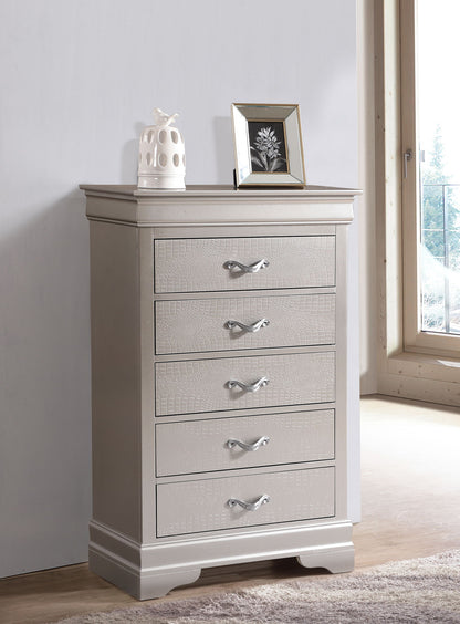 White chest of drawers with 5 drawers and curved silver metal handles