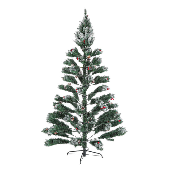 Dark green artificial Christmas tree with snowy branches and red ornament details
