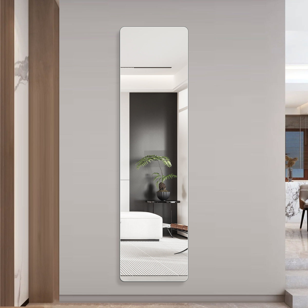 Narrow full-length mirror with rounded corners, pearl silver frame