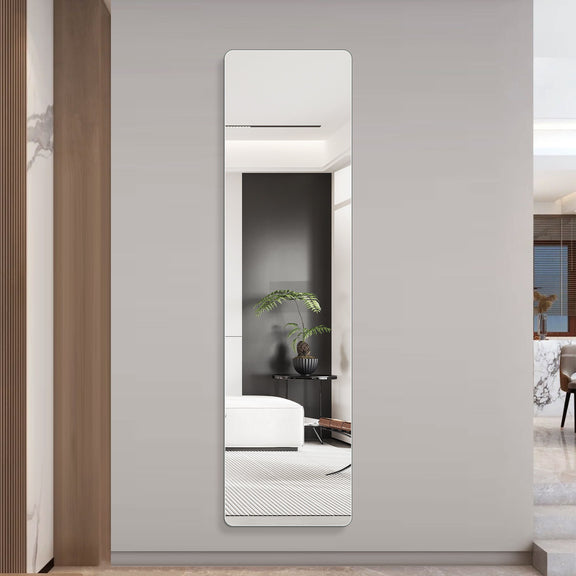 Narrow full-length mirror with rounded corners, pearl silver frame