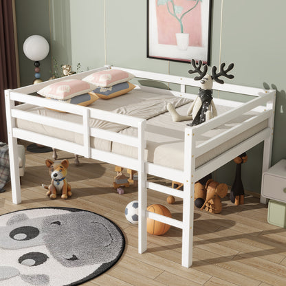 Full Rubber Wood Loft Bed with Ladder, White