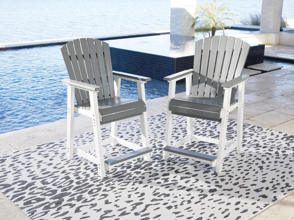 Two gray slatted barstools with white frames, armrests, and gray seat panels