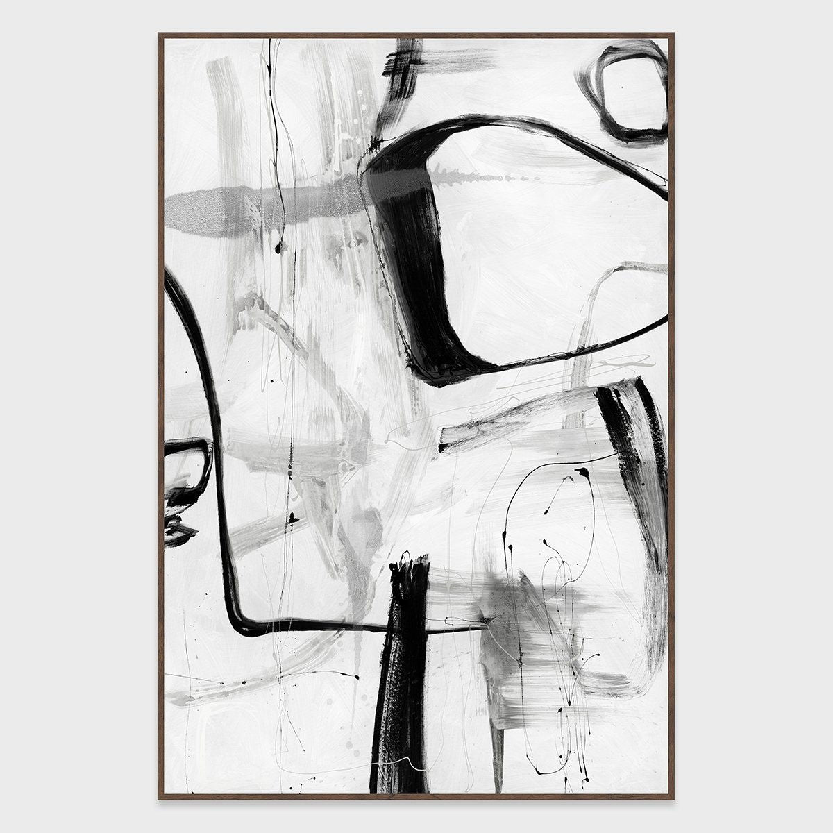 Framed abstract wall art with bold black lines and scattered gray marks