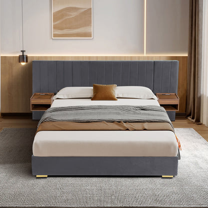 Upholstered Bed Frame Of Velvet Tufted Headboard With Floating Nightstand LED / USB Built