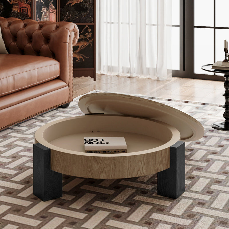 Round Coffee Table with Hidden Storage Wood Veneer Parquet Veneer Black 33-inch
