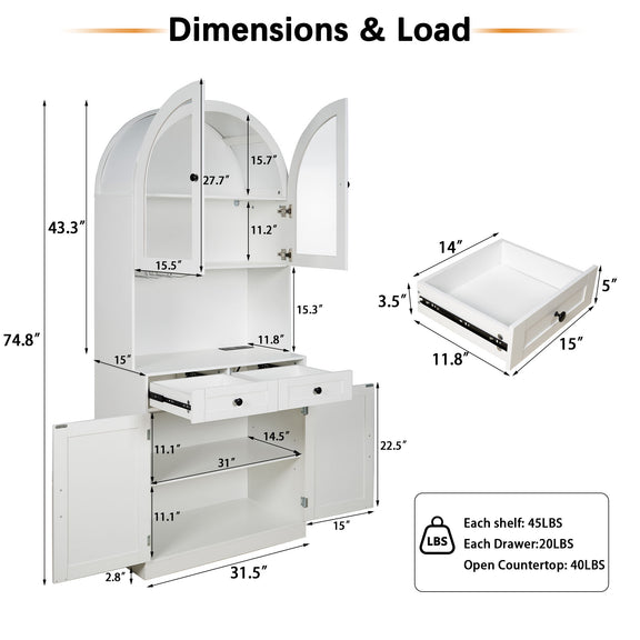 White arched pantry cabinet with dimensions shown and drawer, shelf and countertop load limits