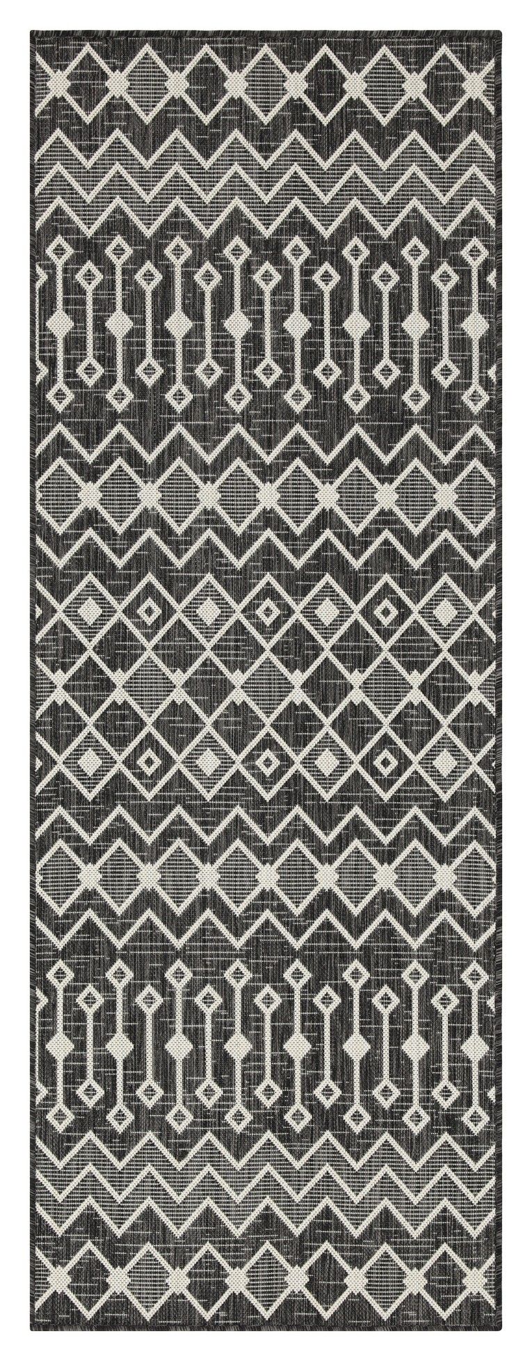 Indoor/outdoor polypropylene area rug, black with white geometric zigzag and diamond pattern.