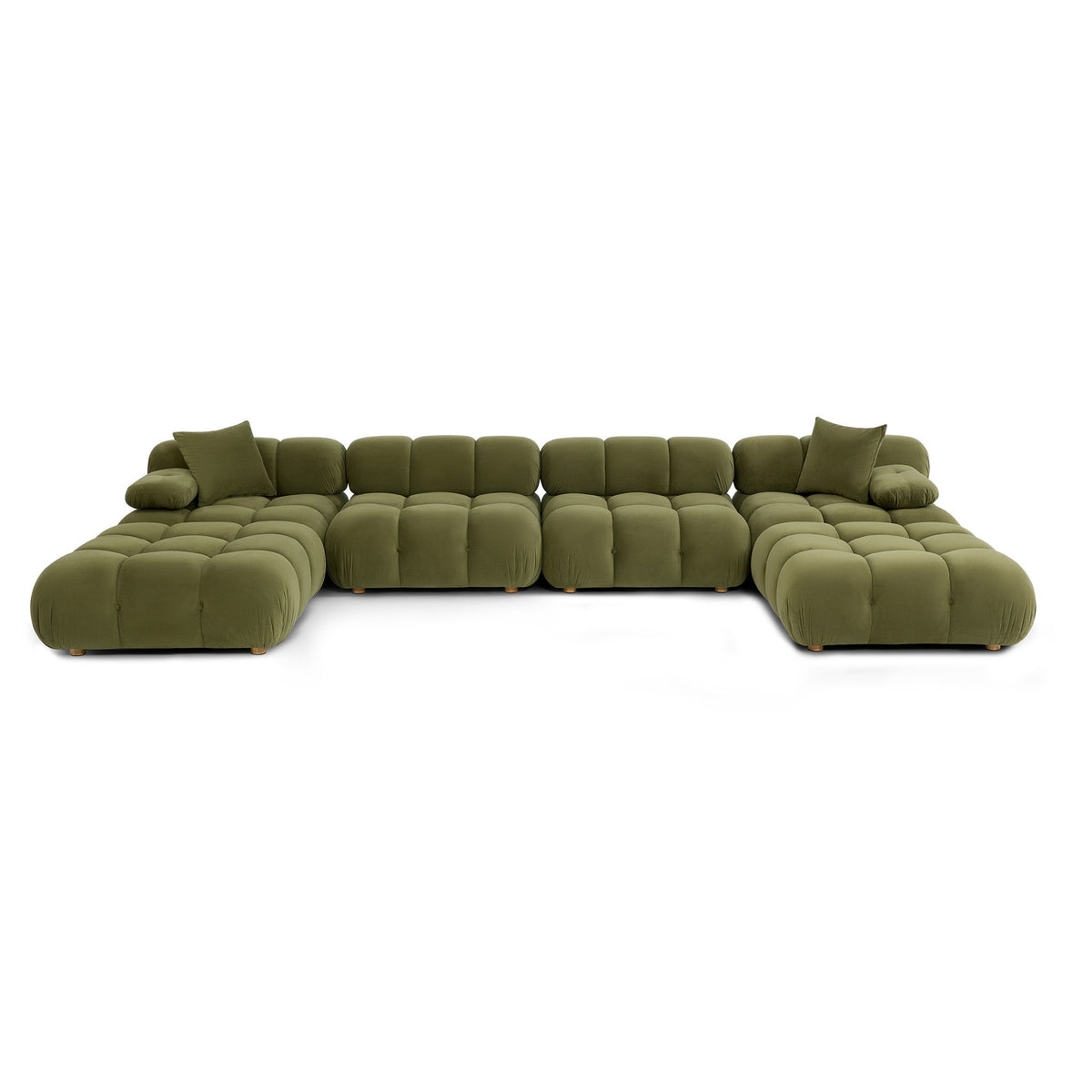 Olive green modular sectional sofa with rounded arms, deep seat cushions, and square back pillows