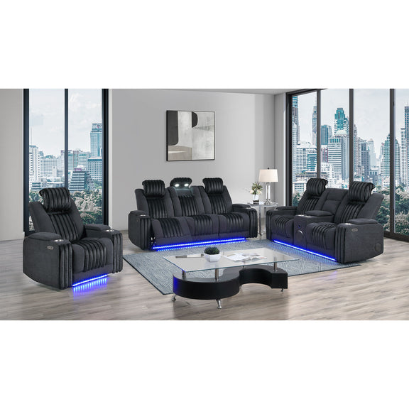 3-piece power reclining set with power headrests, black upholstery with blue light accents
