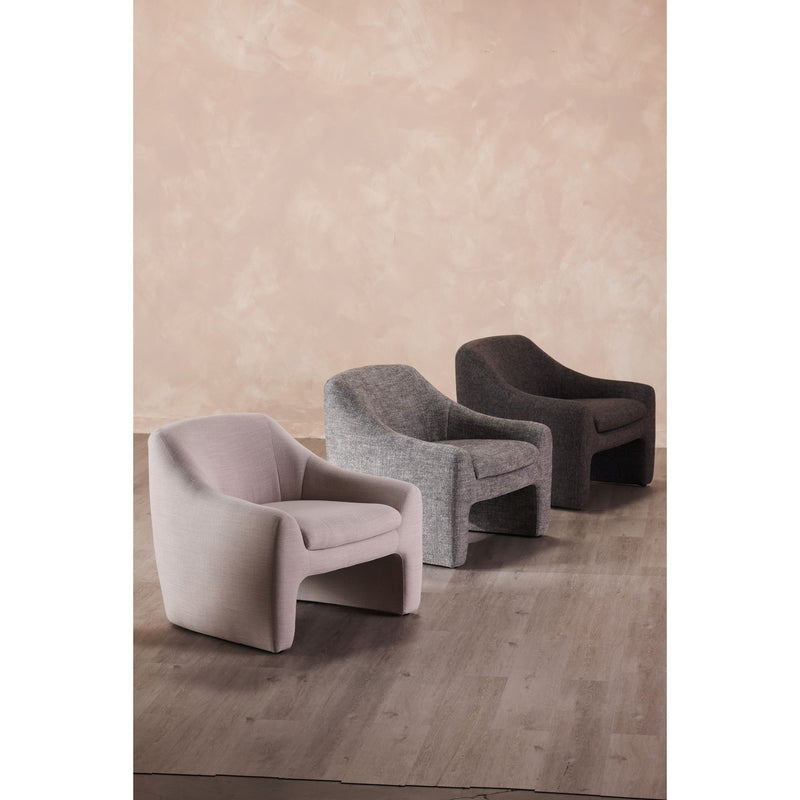 Gray upholstered accent chair with rounded arms and padded seat cushion